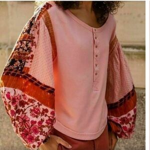 Free People Light Magic Henley quilt Patchwork Puff Sleeve top, Size Small